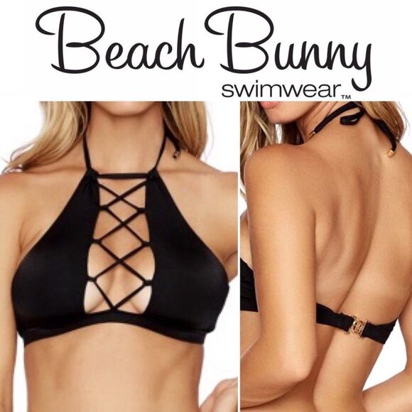 Beach Bunny Black Reese High Neck Halter Strappy Front Bikini Top Size Medium - Picture 1 of 7